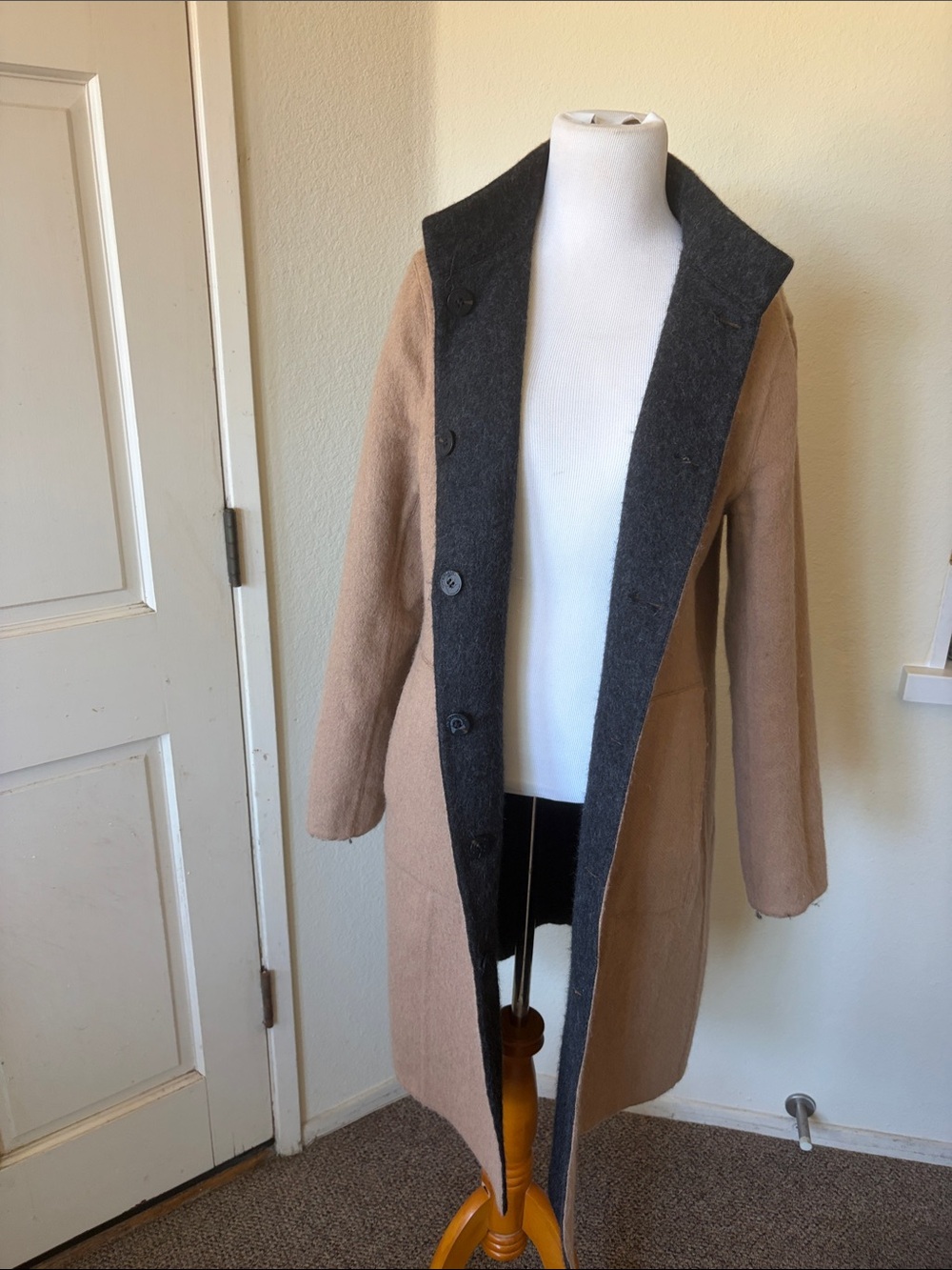 Reversible Two-Tone Wool Blend Coat - Camel & Charcoal